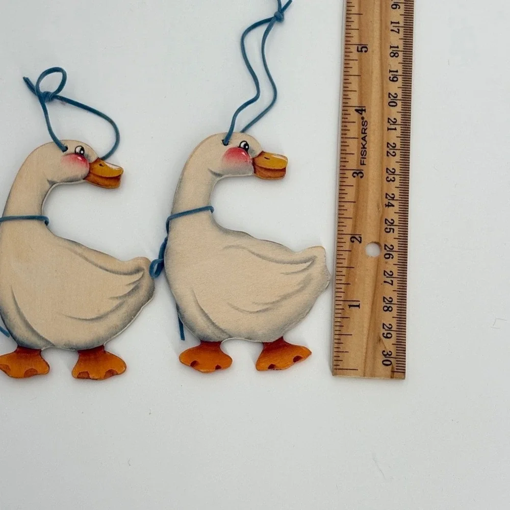 Vintage Country Goose Ornaments Set of 3 Wooden Blue Ribbon Grandmacore Handmade